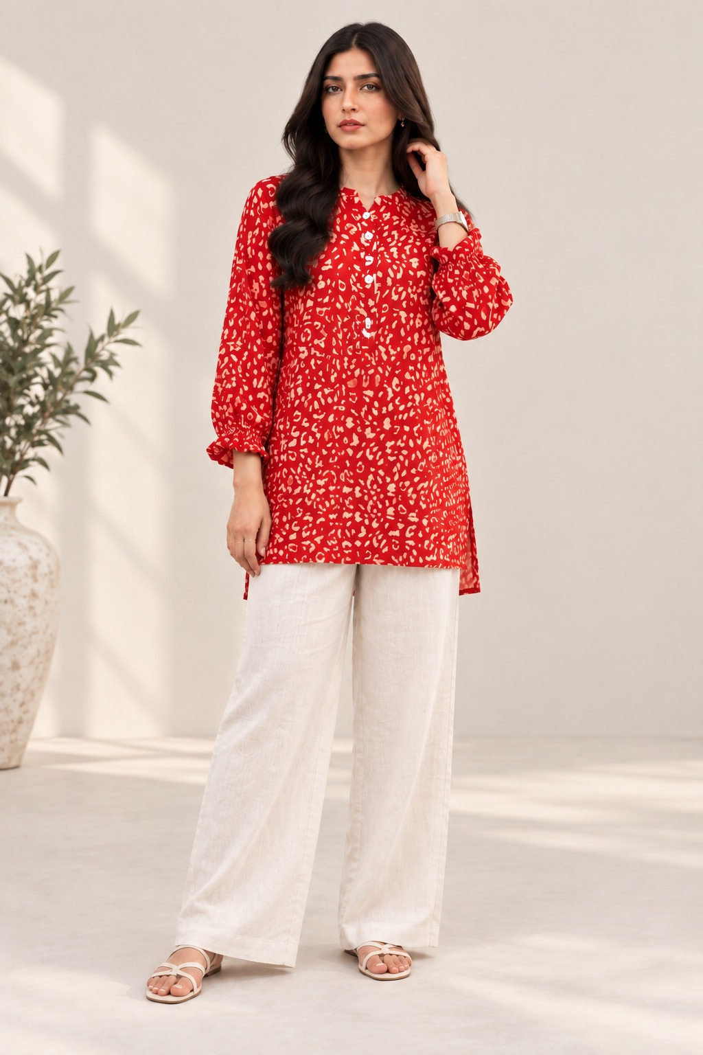 Eshal Red Printed Tie-Neck Co-ord